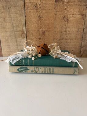 Vintage Green Book Stack Bundle with Lace, Jute& a large Rustic Bell Accent